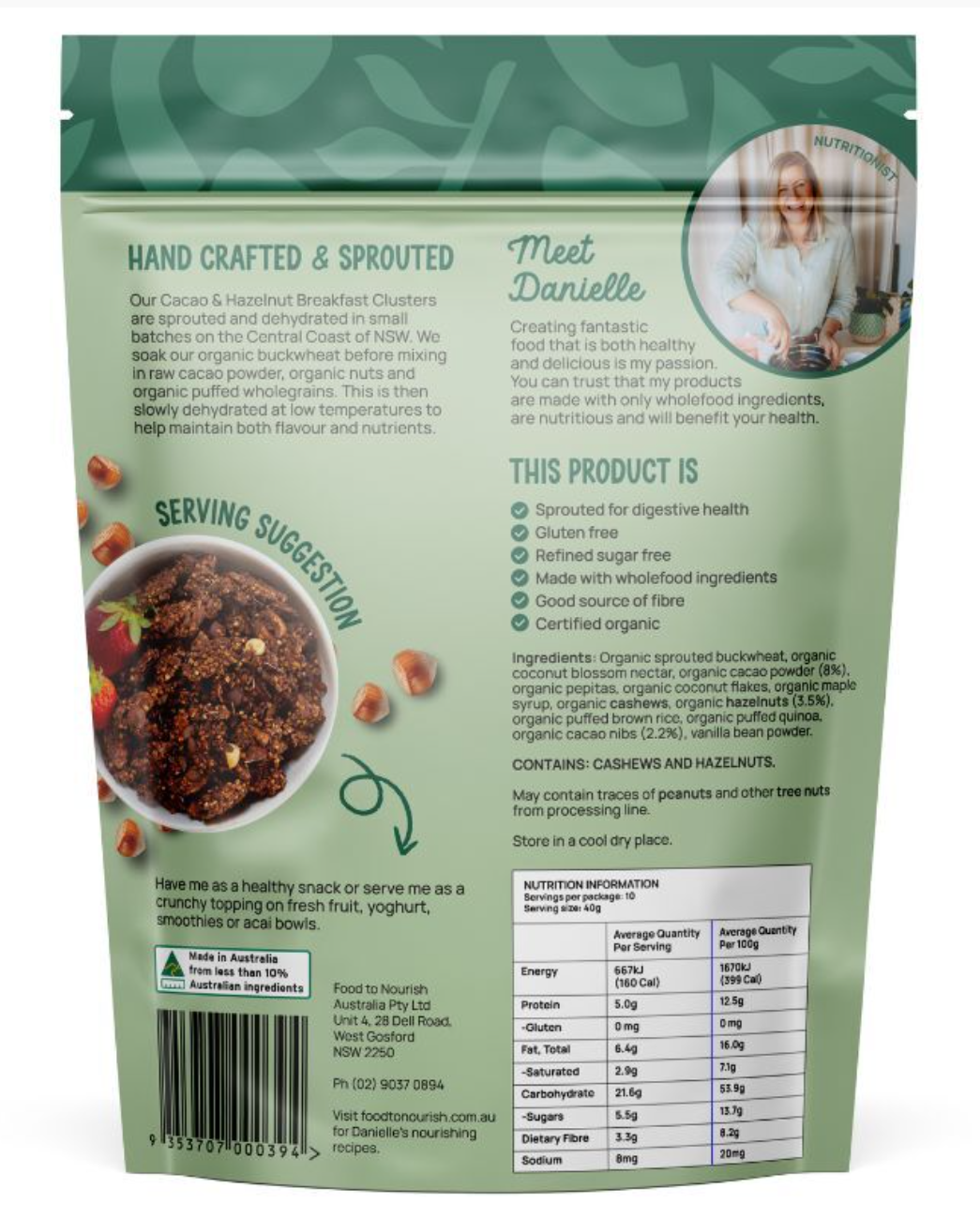 Food To Nourish Sprouted Clusters Cacao & Hazelnut 400g - Gluten Free